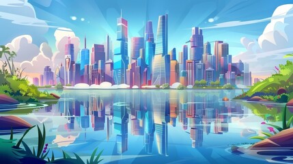 An urban cityscape panorama banner modern illustration with buildings, skyscrapers and towers, a giant metropolis landscape, and city backdrop with a river bank and clouds.