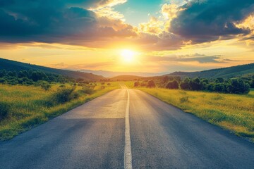Fototapeta premium Captivating shot of an empty weathered road stretching towards a dramatic sunset horizon under a cloud-filled sky. Beautiful simple AI generated image in 4K, unique.