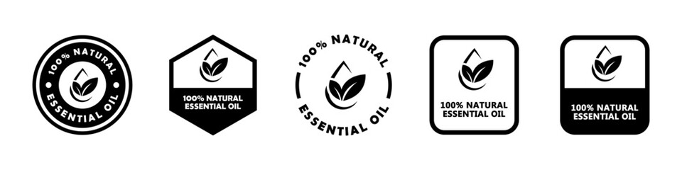 Hundred percent Essential Oil - vector signs for product packaging label.