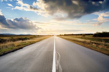 Naklejka premium Scenic highway leads to a sunset-lit mountain range on an open road journey. Beautiful simple AI generated image in 4K, unique.