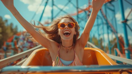 A woman in a roller coaster with her arms up, AI