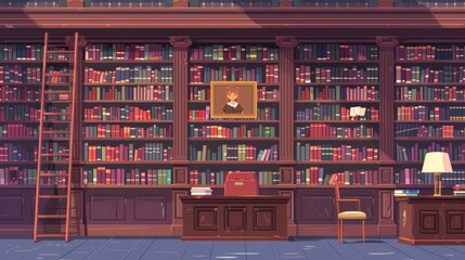 Library interior with wooden shelves, ladders, desks with lamps and pictures of girls on the wall. Cozy space for literature collection cartoon modern athenaeum.