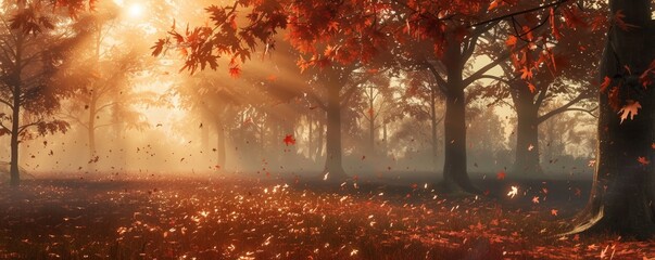 Enchanting Autumn Forest Scene with Falling Leaves