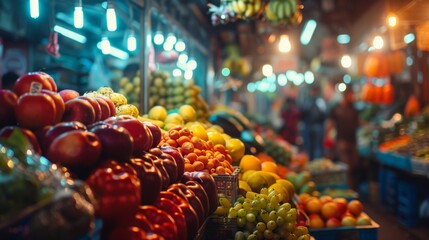 A market filled with fruits and vegetables in a variety of colors, AI - Powered by Adobe