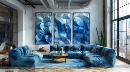 Modern living room with geometric art and blue sofa