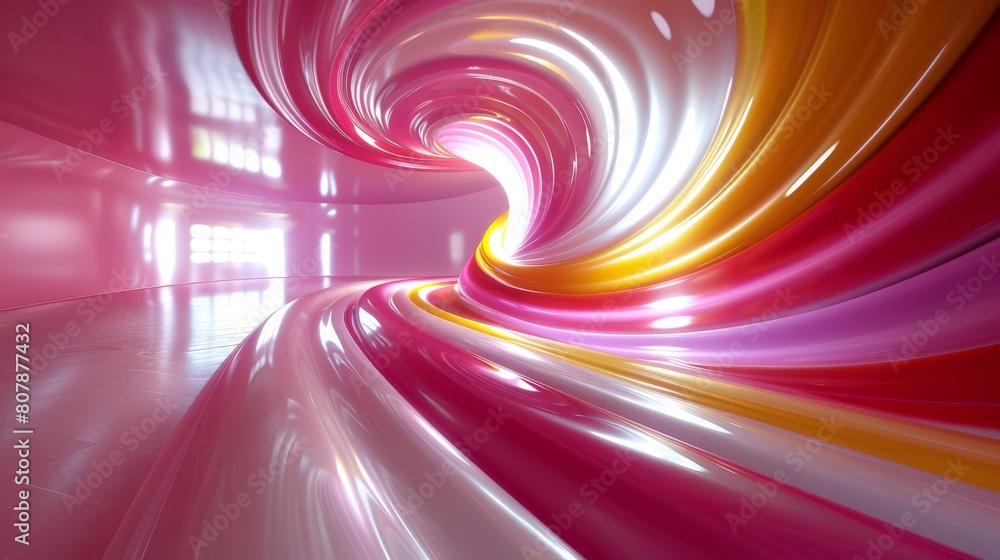 Poster A vibrant pink and yellow swirl creating an intriguing pattern within a tunnel, showcasing a mesmerizing visual effect