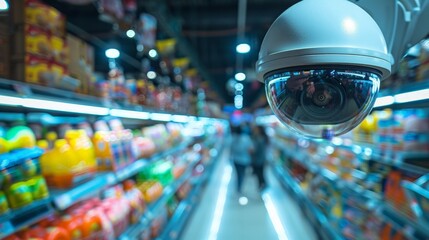 A CCTV camera is positioned in a supermarket aisle, surveilling customers and staff as they move through the area