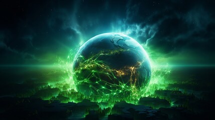 Abstract depiction of Earth with glowing green energy lines, symbolizing global sustainability