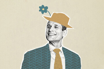 Composite photo collage of happy young man wear stylish suit tie glamour hat flower gardener...