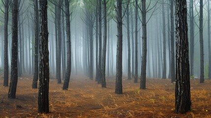 Mystical pine forest with a thick fog.