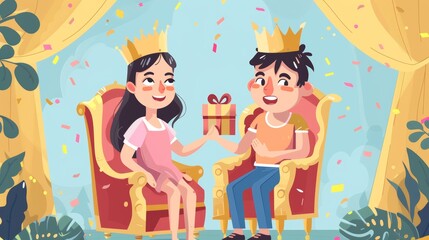 Little girl receiving gift from boy, with confetti and garlands around. Children's party, event Cartoon modern illustration.