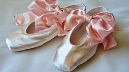 A pair of ballet slippers with a pink satin bow, ready for a young dancer. 