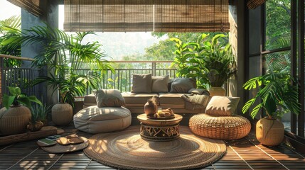 Fototapeta premium Artistic balcony space with cozy seating, a blend of rustic and modern elements, and thriving plant life