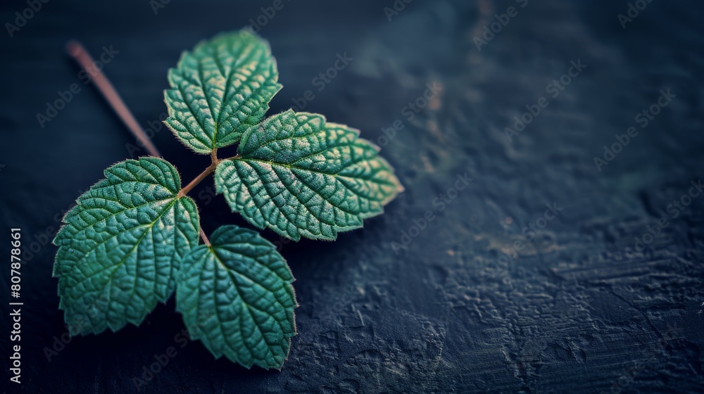 Poster a vibrant green leaf rests atop a stark dark background, creating a visually striking contrast