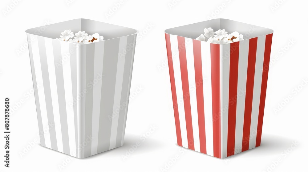 Poster modern realistic mock up of empty white and red buckets for popcorn, blank square and round packs fo