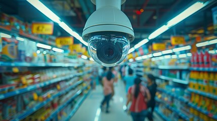 A surveillance camera capturing activities inside a busy grocery store, ensuring security and monitoring for safety
