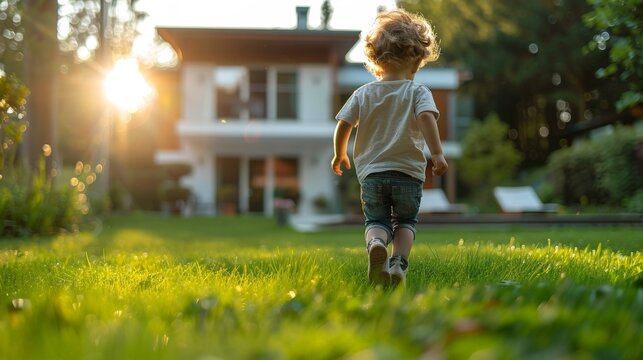 A young boy energetically runs through the vibrant green grass in front of a charming house - Powered by Adobe