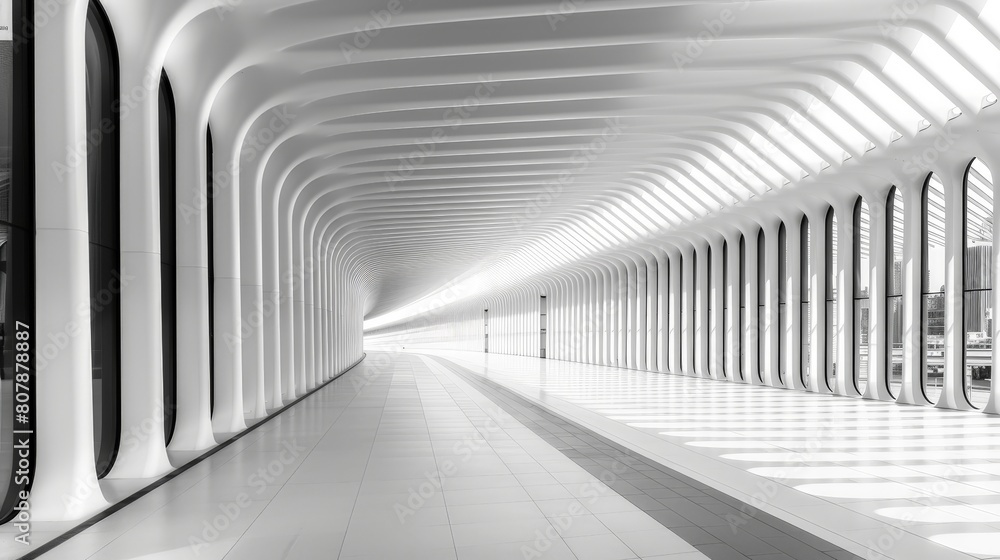 Poster A monochromatic view of a lengthy hallway stretching into the distance, creating a sense of depth and repetition with uniform walls and flooring