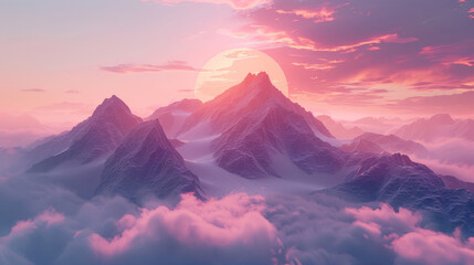 Stunning pink mountains and clouds at sunset in a serene landscape © standret