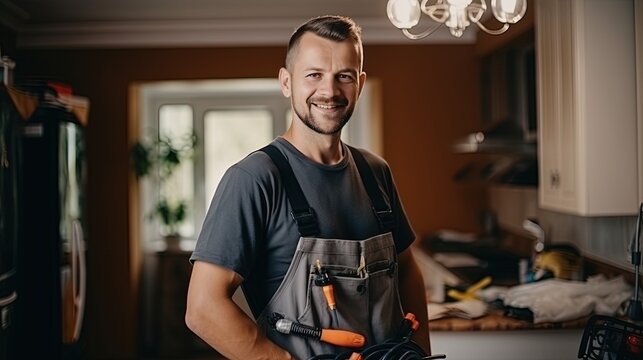 cheerful smiling electrician in uniform with screwdriver tool while in the house looking at the camera