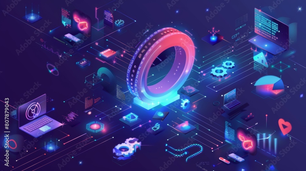 Poster a 3d modern web banner for a devops team, software development and operation. the automation cycle i