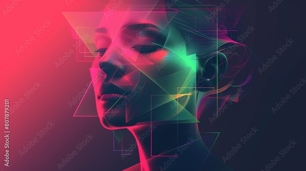 Poster a womans face is depicted, overlaid with vibrant and intricate geometric shapes in various colors