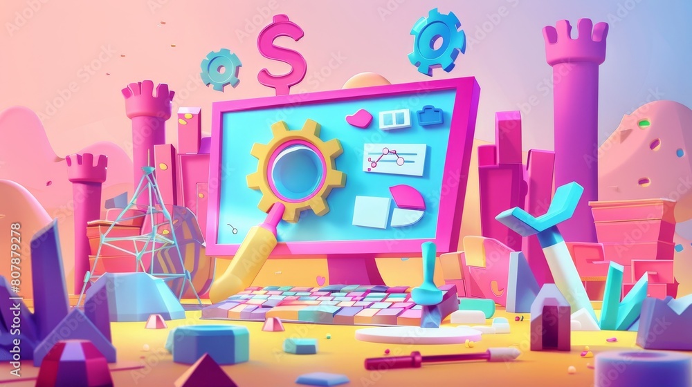 Poster this cartoon banner depicts software testing methodology, search errors and bugs, website platform d