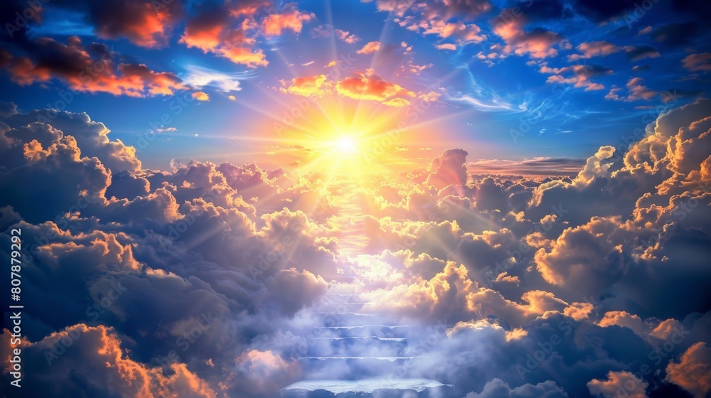 Poster A staircase rises through fluffy clouds with the sun glowing behind it, creating a surreal and dreamlike scene