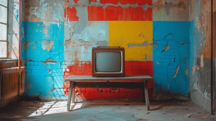 A small television sitting on a table in an old room, AI
