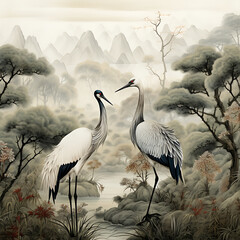 Digital painting of a pair of cranes in the misty forest