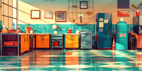 Cleaning and Maintenance Area Floor: Featuring cleaning supplies storage, mop sink, trash compactor, and staff maintaining cleanliness in the restaurant