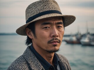 Serene moment by sea captured, adorned with woven hat casting gentle shadow, highlighting tranquility of scene. Man, clad in textured, grey sweater, contrasts subtly with calm blue waters.