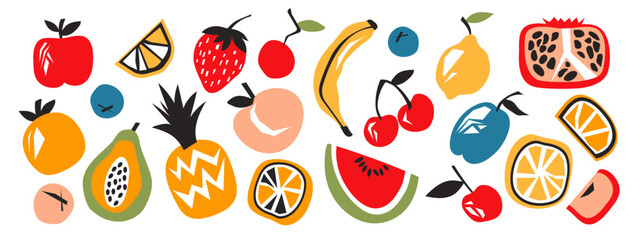 Set of various abstract fruits and berries. Contemporary trendy vector illustration. Fruit collection design for interior, poster, cover, banner. All elements are isolated.