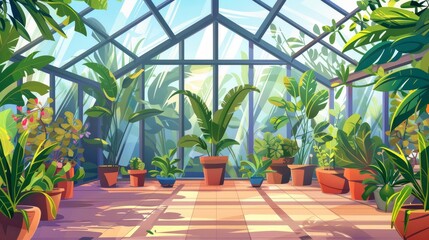 The interior of an empty greenhouse with plants, trees and flowers. The interior of an empty greenhouse is used for cultivation and planting garden plants. Botanical nursery for greenery.
