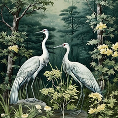 Digital painting of a pair of cranes in the misty forest