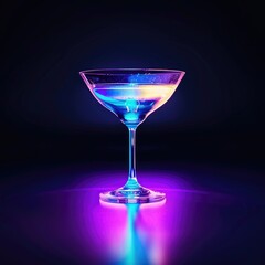 A glass with an alcoholic cocktail on a dark background in neon light. Night club relaxation, relaxation and celebration.