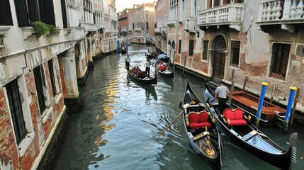 Fototapeta na wymiar A fleet of traditional gondolas gliding along narrow canals in Venice,Italy