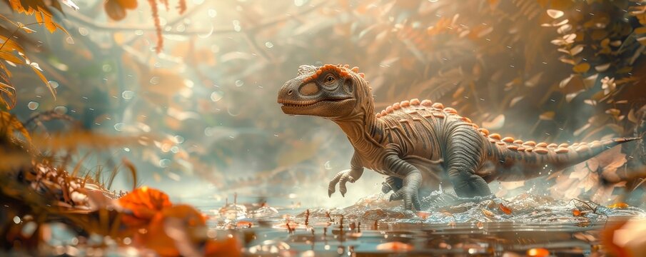 The AI-generated photo shows a realistic-looking dinosaur standing in a lush, prehistoric forest - Powered by Adobe