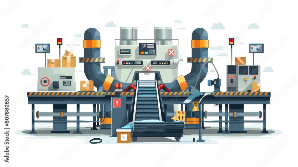 Aufkleber an automated machine in a mass production line is shown in a front and perspective view. modern real