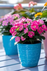 Bright red geranium flowers blooming in blue pots placed on a balcony railing against the backdrop of a cityscape
