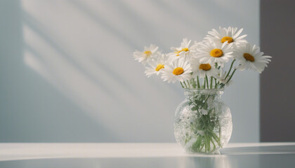 daisy flowers in decorative glass vase and white wall background
