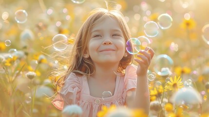 A small girl joyfully plays with soap bubbles amidst a field of white daisies on a sunny day