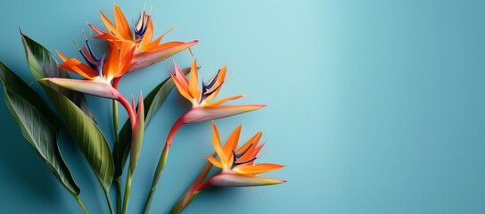 Exotic Bird of Paradise flowers against a calming blue background, ad copy space, ultra HD