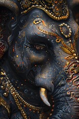 Obraz premium Vertical dark illustration of Lord Ganesha with gold ornament. God Ganesha art design for wallpaper, banner. Ganesh Chaturthi festival of India banner poster greeting card