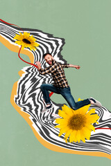 Composite 3D photo collage of green color back black white line huge sunflower nature flower young person handsome man run moving left