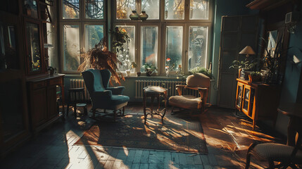 Vintage interior with sunlit chairs and wooden furniture
