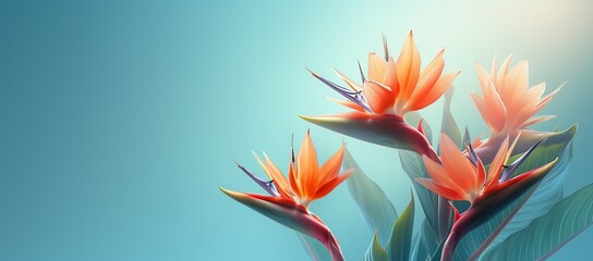 Striking Bird of Paradise flowers set against a soft blue background, perfect for text inclusion