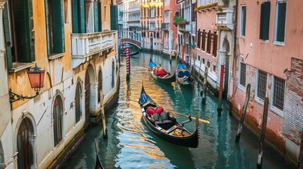 Fototapeta na wymiar A fleet of traditional gondolas gliding along the tranquil canals of Venice,Italy