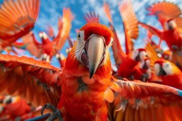A flock of red parrots soaring gracefully through the clear blue sky