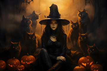 Beautiful, mysterious Halloween witch, sorceress. In the background scary cat creatures and Halloween pumpkins with devilish faces. A special, unique design for Halloween party invitation cards, poste